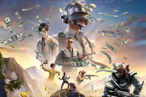 Ilustrasi industri online games yang berkembang menjadi ekosistem bisnis digital modern dengan pemain, karakter game, dan simbol ekonomi digital