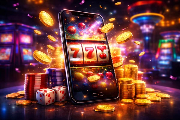 Smartphone menampilkan permainan slot online dengan efek koin emas dan nuansa neon, menggambarkan pengaruh teknologi mobile terhadap popularitas slot online.